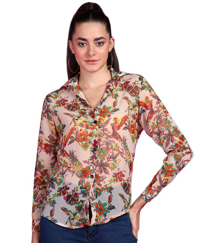 POPWINGS Printed Full-Sleeves Regular-Fit Polyester Printed Shirt for Women Stylish Western Casual Wear