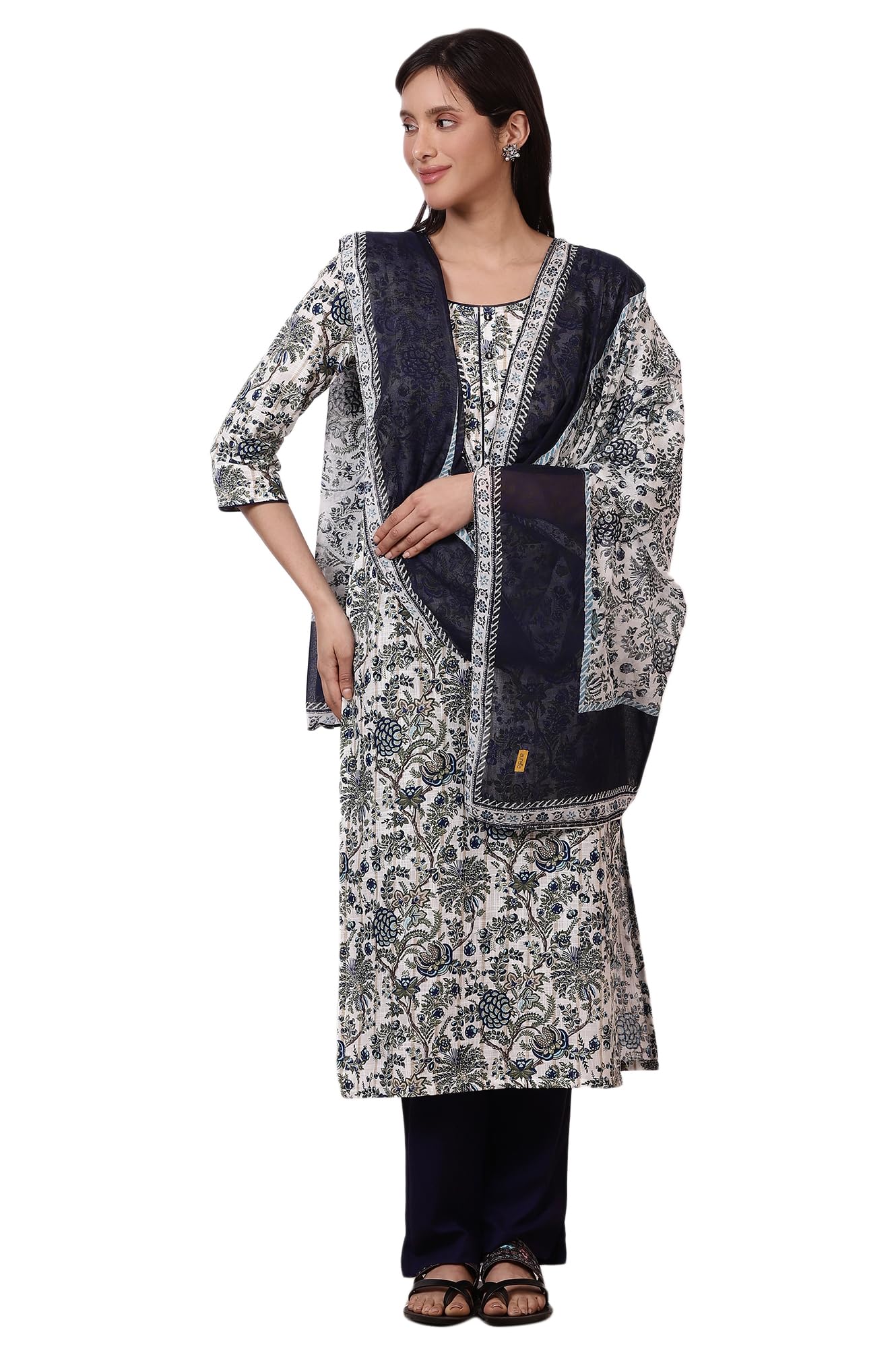 Aurelia Women's White Floral Printed Pure Cotton Straight Kurta, Palazzo and Dupatta Set (Size: M)-AS15806-502575