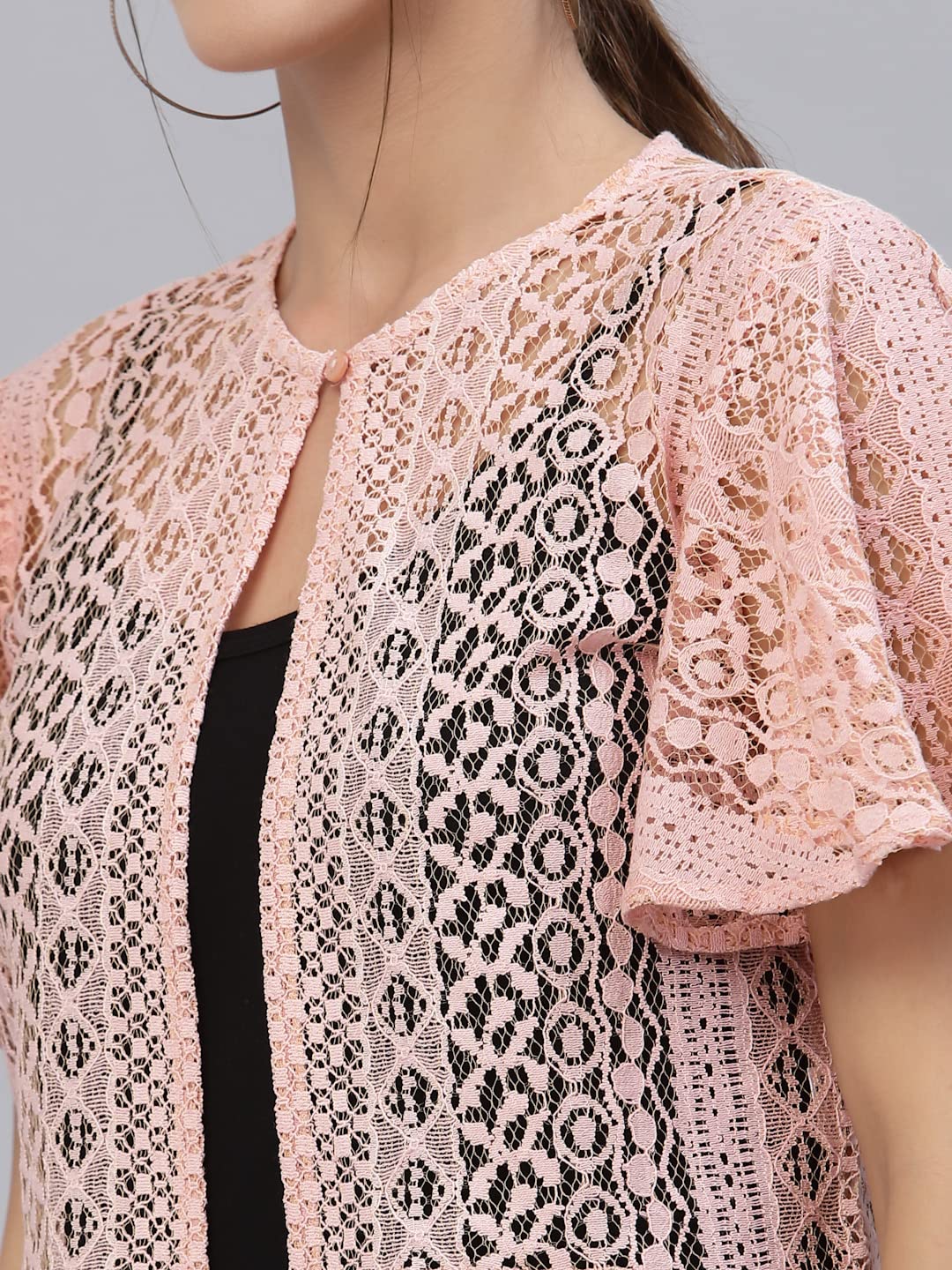 Style Quotient Women Nude Self Design Lace Open Front Smart Casual Shrug