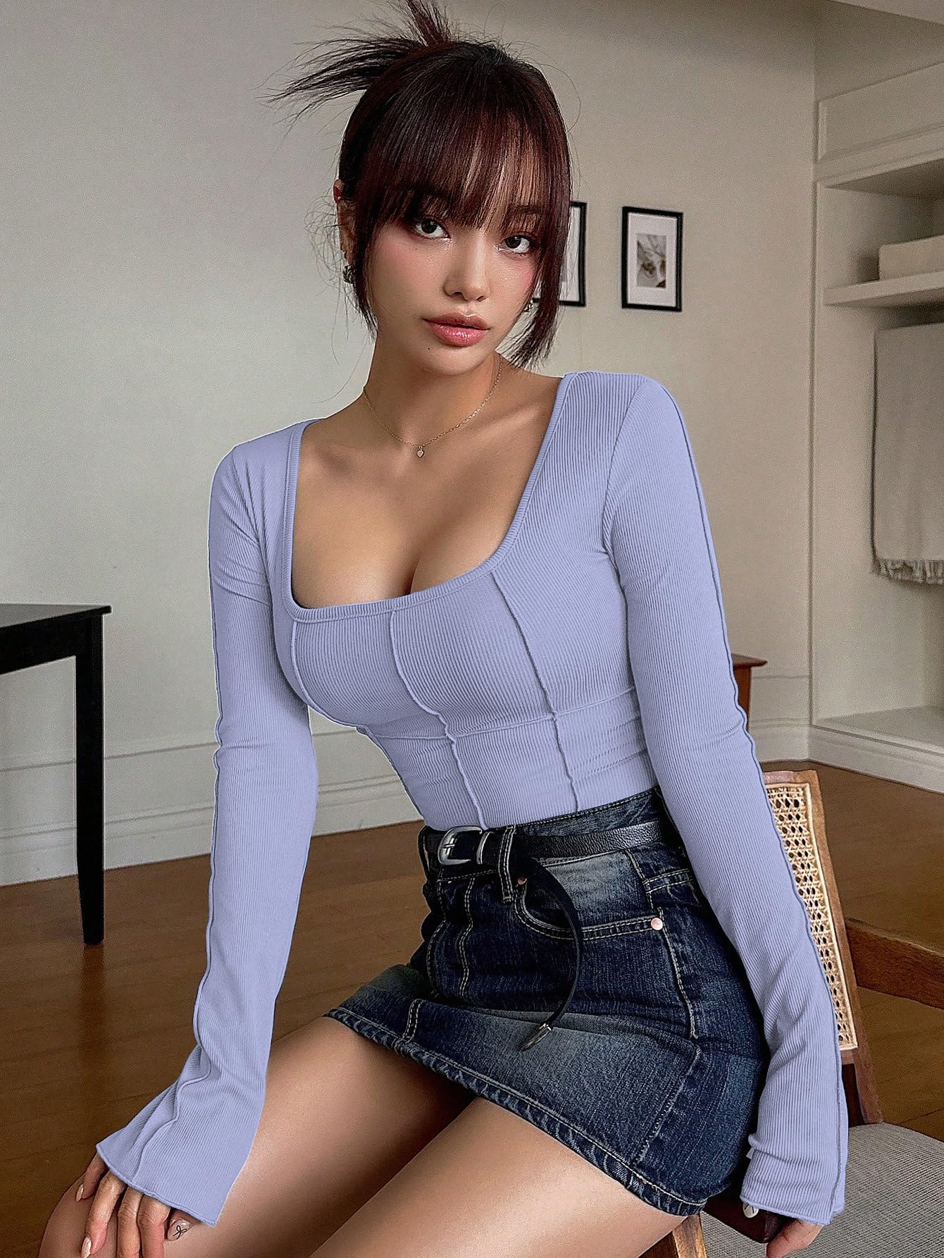 Sugathari Womens Sky Blue Solid Long Sleeve Wrap-Style Square Split Crew Neck Bodycon Women T-Shirt Spring and Summer, Minimali