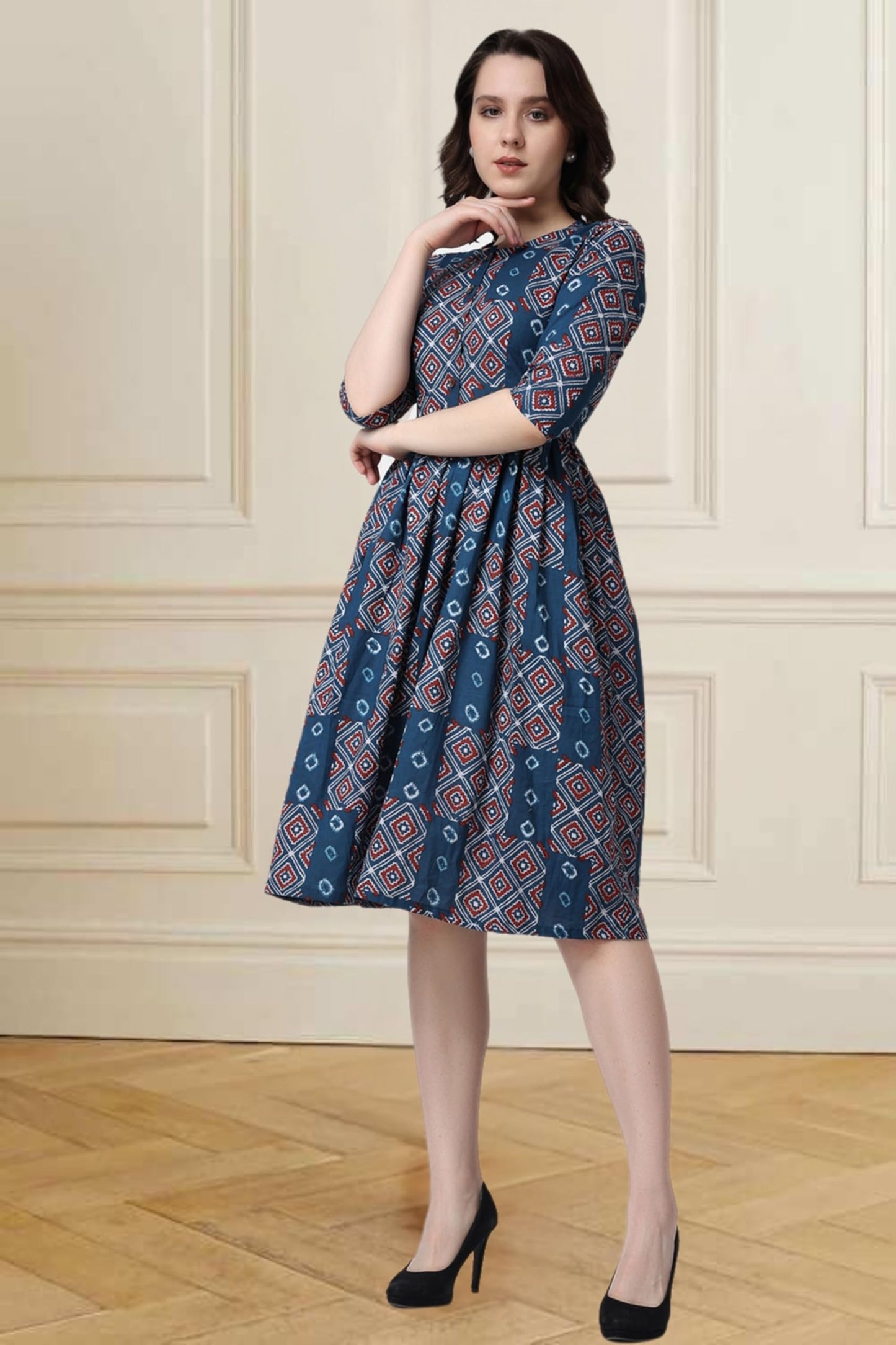 Popwings Casual Printed Peplum-Style Dress For Women || Cotton Summer Dress For Women || 3/4 Sleeves Dress For Women || Riound N