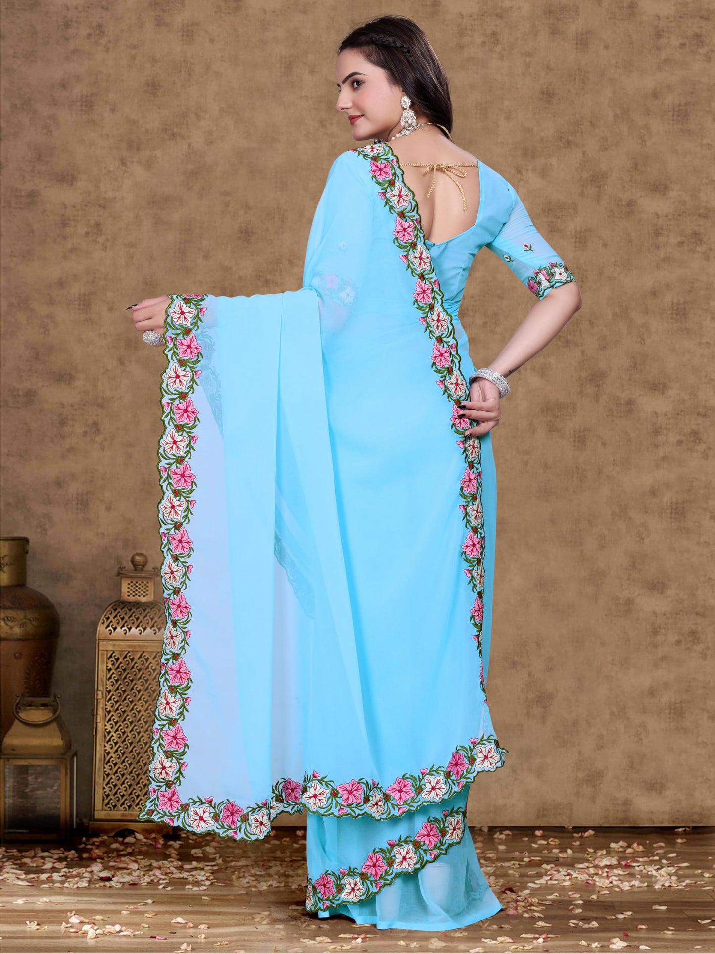 Suketa WomenS Soft Georgette Saree With Floral Printed Border Unstitched Blouse Piece Solid Pattern | Saree For Woman Daily Wear