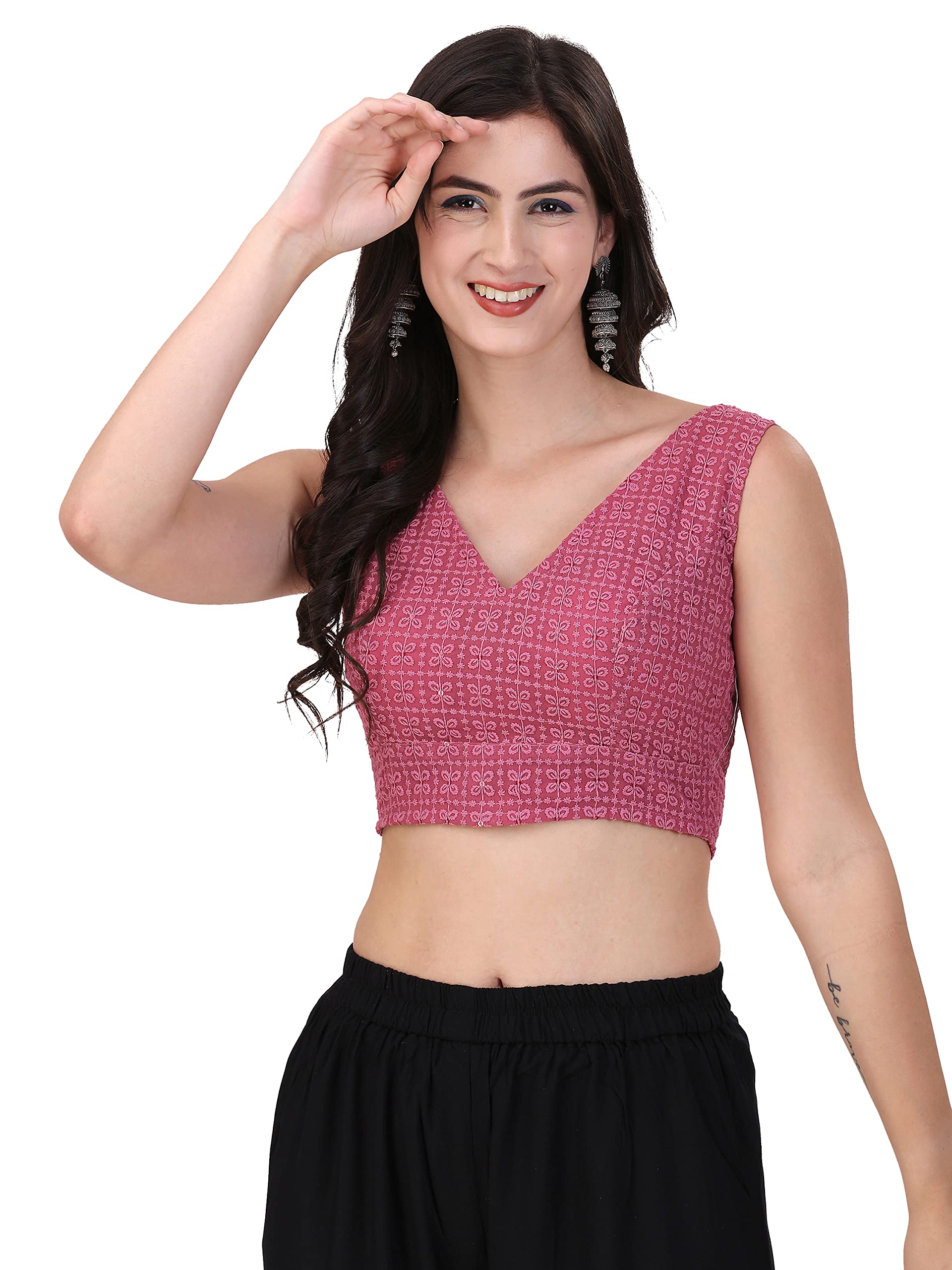 OOMPH! Womens Indian Ethnic Wear Designer Square Leaf Pattern V Neck Sleeveless Cotton Rose Pink Blouse for Saree or Lehnga and