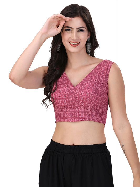 OOMPH! Womens Indian Ethnic Wear Designer Square Leaf Pattern V Neck Sleeveless Cotton Rose Pink Blouse for Saree or Lehnga and