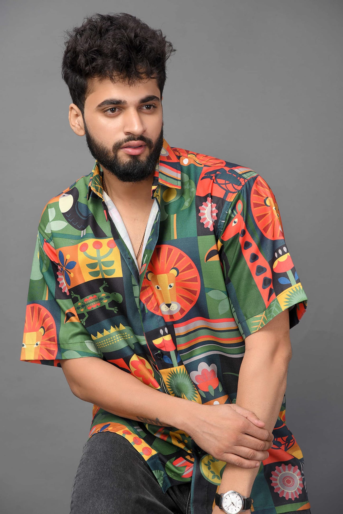 Brown Culture MenS Cotton Blend Abstract Print Shirt With Spread Collared Half Sleeves Standard Length And Button Down Closure
