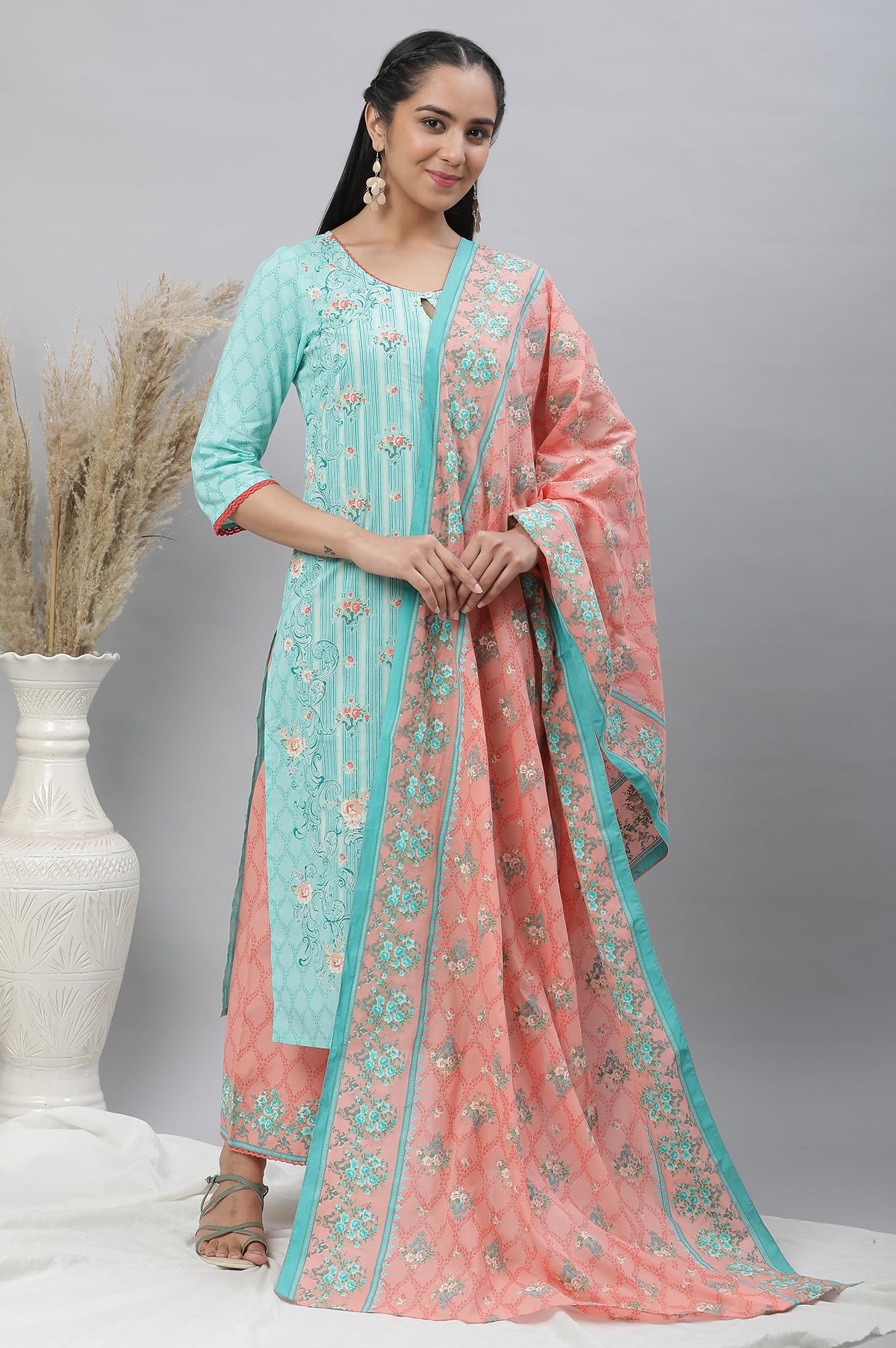 Aurelia Blue Floral Printed Printed Cotton Straight Long Kurta with Lace