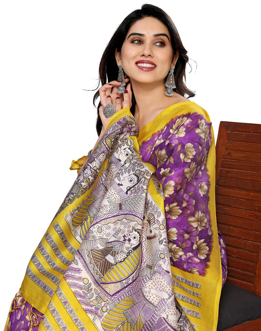 Yashika Womens Printed Kalamkari Art Silk Saree With Tassels and Unstitched Blouse Material (AZ-YS-P3-SUBILA VIOLET JHALAR)