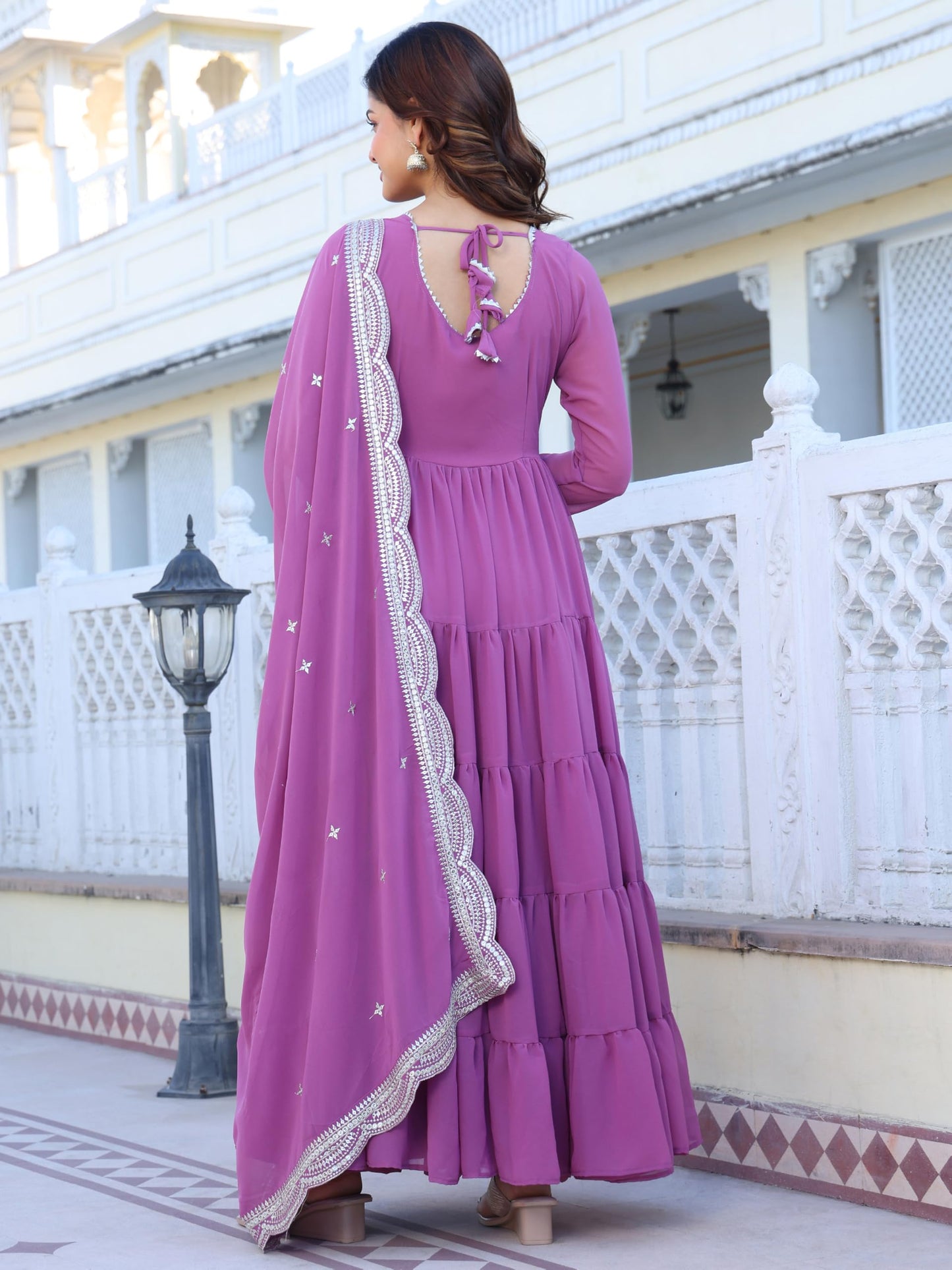 Fashion Basket WomenS Georgette Solid Anarkali Dress Light Purple
