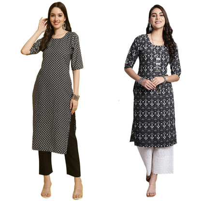 Pinkmint Printed Round Neck Kurta Set For Women Ll Kurti & Pant Set For Women Ll Regular Fit Kurta Set (Pack Of 2) Green-Blue