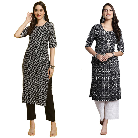 Pinkmint Printed Round Neck Kurta Set For Women Ll Kurti & Pant Set For Women Ll Regular Fit Kurta Set (Pack Of 2) Green-Blue