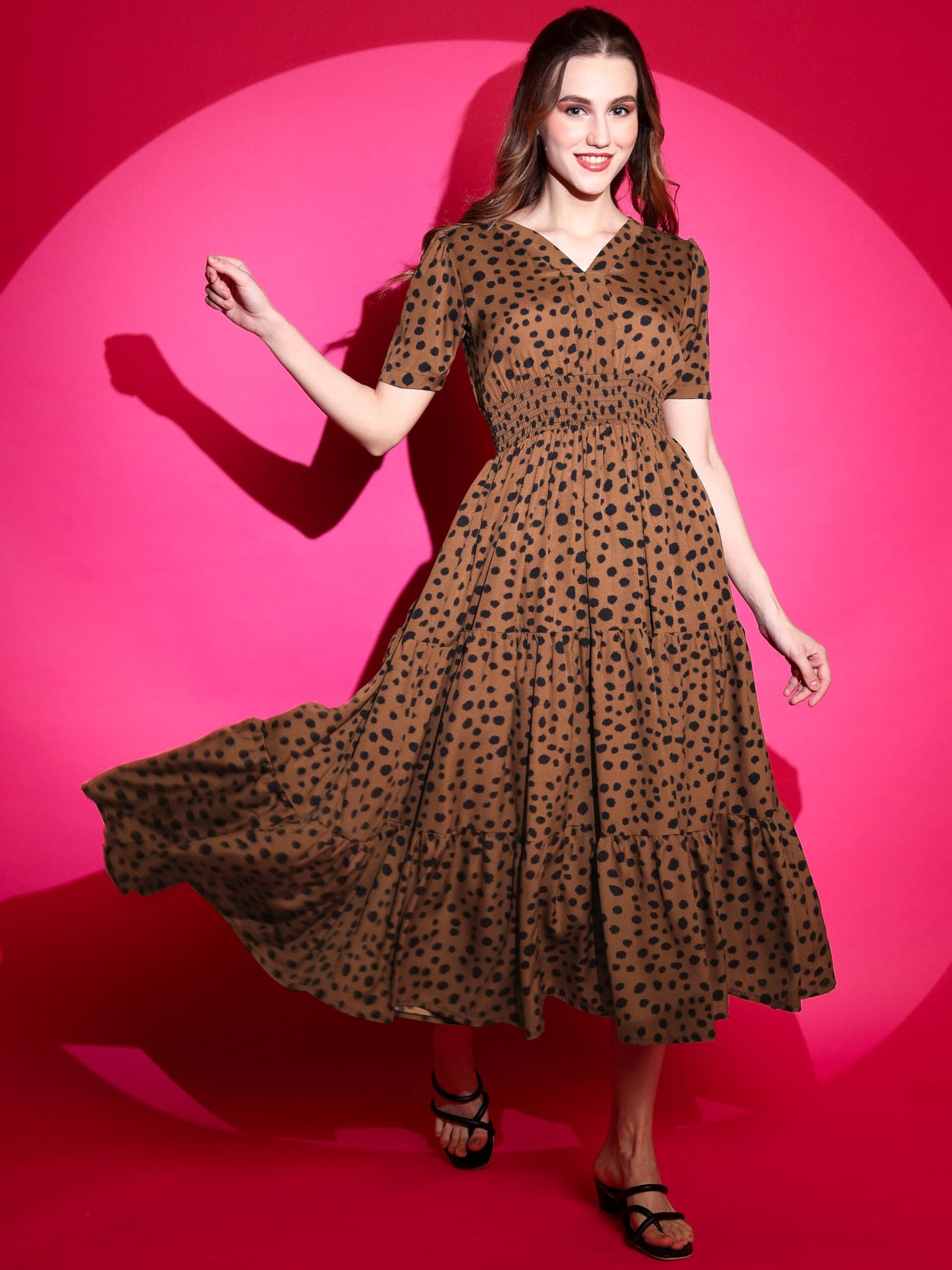 Sheetal Associates WomenS Crepe Fit And Flare Printed Half Sleeve V-Neck Casual Dress Maroon