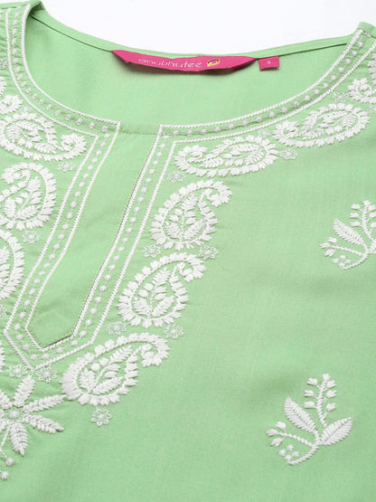 anubhutee Women's Viscose Rayon Green Thread Work Ethnic Motifs Embroidered Straight Kurta