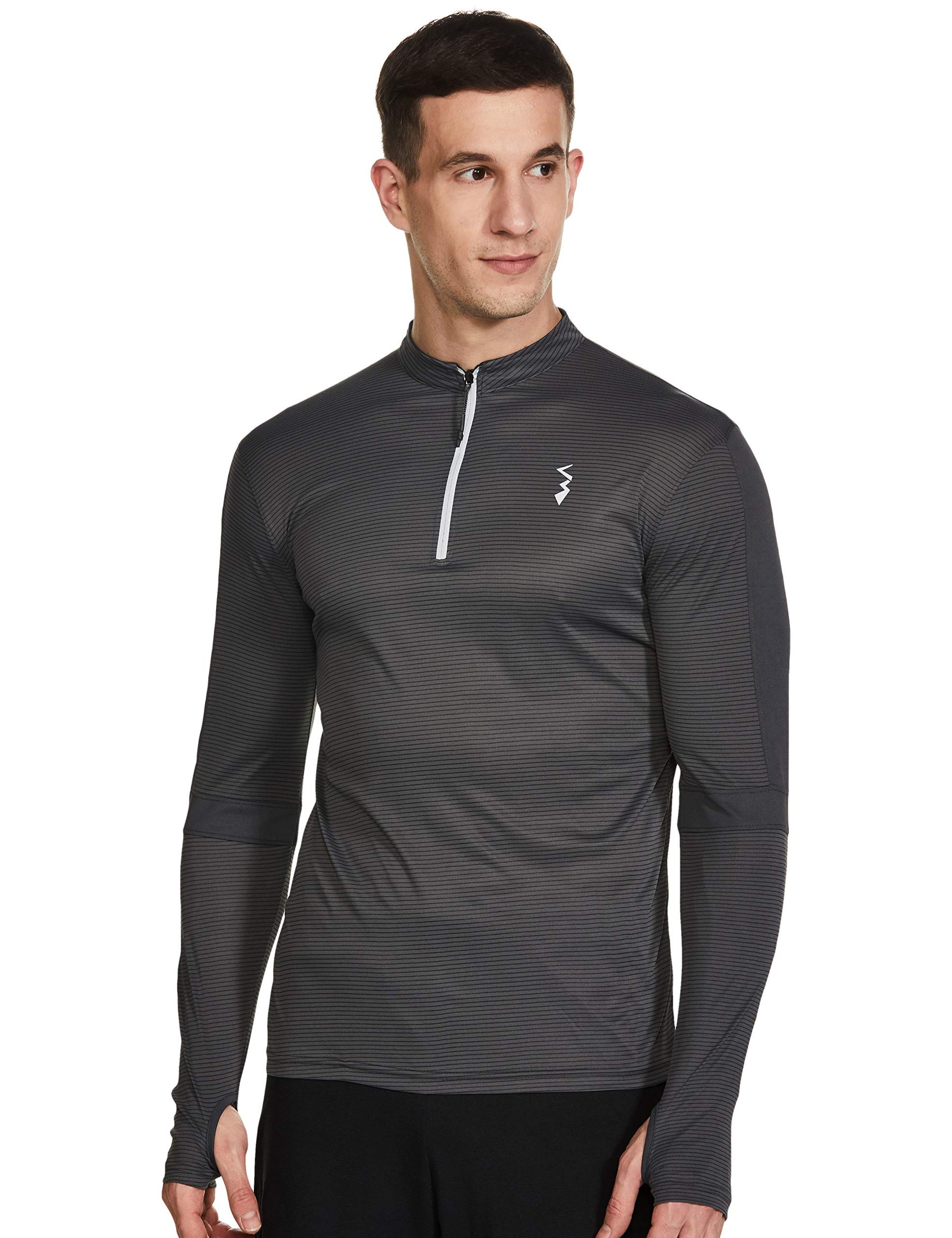 Campus Sutra Mens Dark Grey Activewear T-Shirt with Self-Design Stripes for Casual Wear | Dri-Fit | Mock Neck | Long Sleeve | Z
