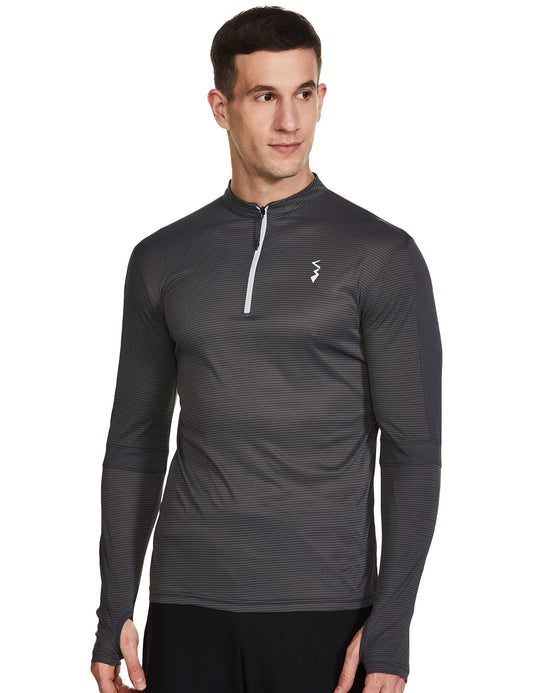 Campus Sutra Mens Dark Grey Activewear T-Shirt with Self-Design Stripes for Casual Wear | Dri-Fit | Mock Neck | Long Sleeve | Z