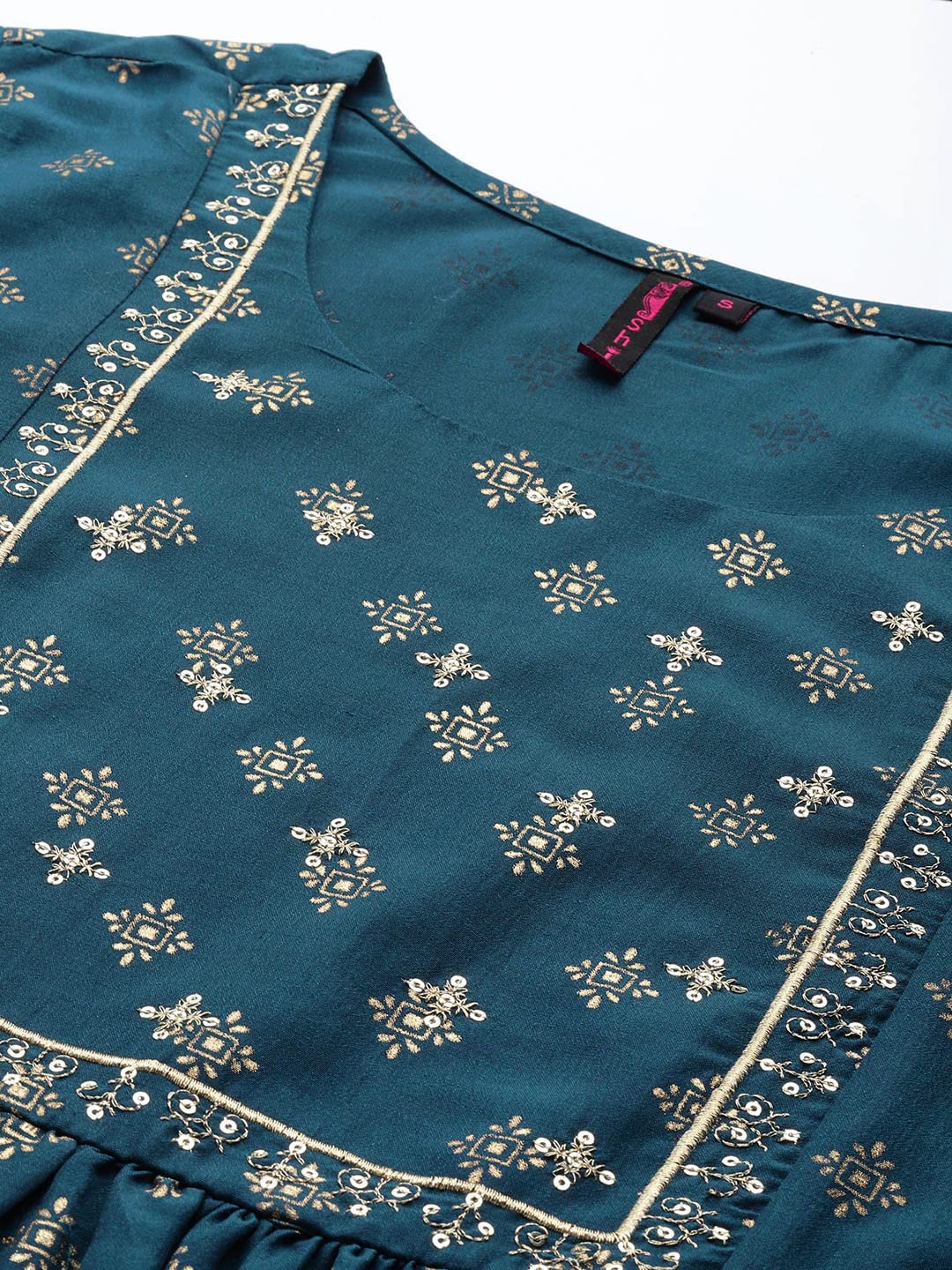 ishin Women's Silk Teal Embellished Foil Print A-Line Flared Kurta