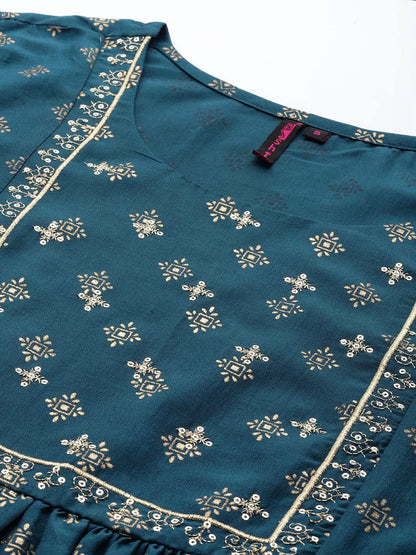 ishin Women's Silk Teal Embellished Foil Print A-Line Flared Kurta