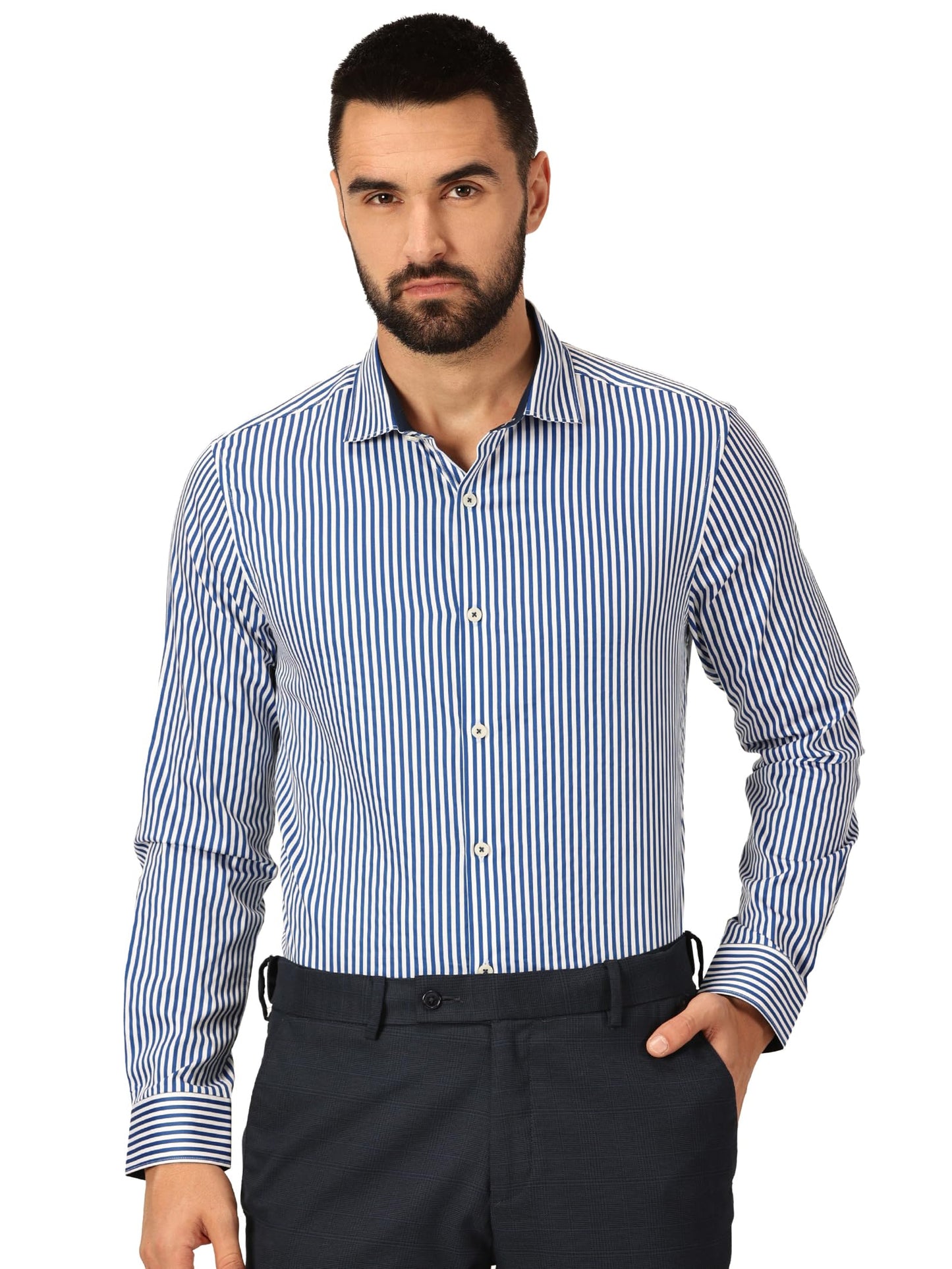 Thomas Scott 100% Cotton Strpes Slim Fit Formal Shirts for Mens Blue