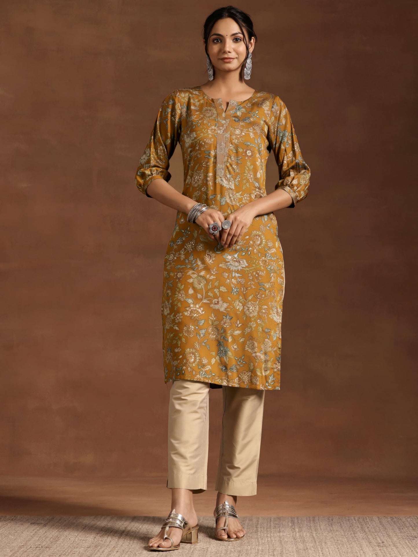 Libas WomenS Silk Printed Straight Kurta (29216 Mustard