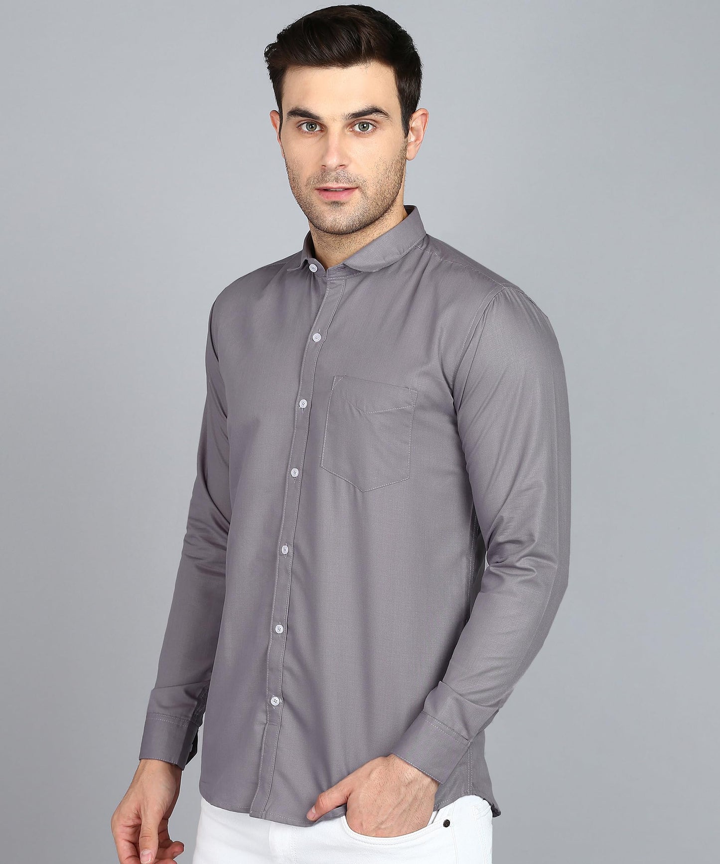 Mildin MenS Cotton Blend Solid Shirt With Spread Collared Full Sleeve Curved Hemline Button Closure Slim Fit And One Pocket | S