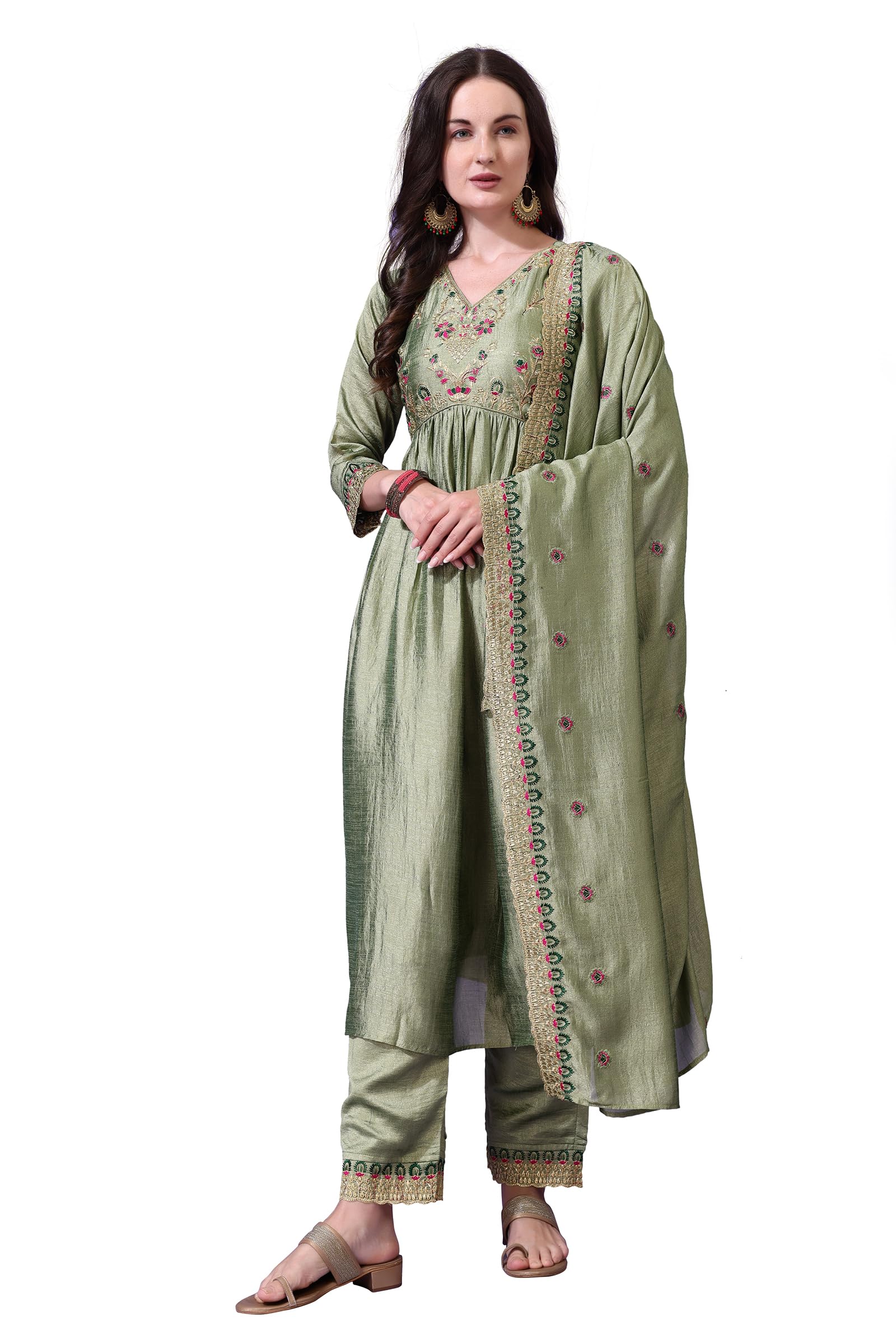 Pratham Blue WomenS Silk Embroidered Anarkali Kurta Palazzos With Dupatta |Kurta Set For Women |WomenS Kurta |Women Embroidere