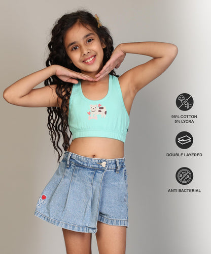 Kyda Kids Girls Antibacterial Cotton Sports Bra Training Bras, Non Padded, Chest Double Layered Wireless Light Padded Bra (Pack