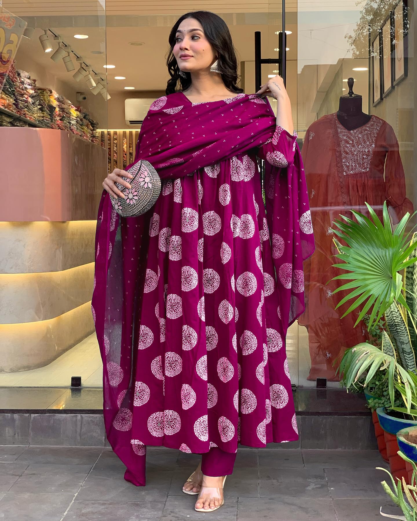 Toochki WomenS Rayon Viscose Anarkali Printed Kurta With Palazzo & Dupatta Dark Pink
