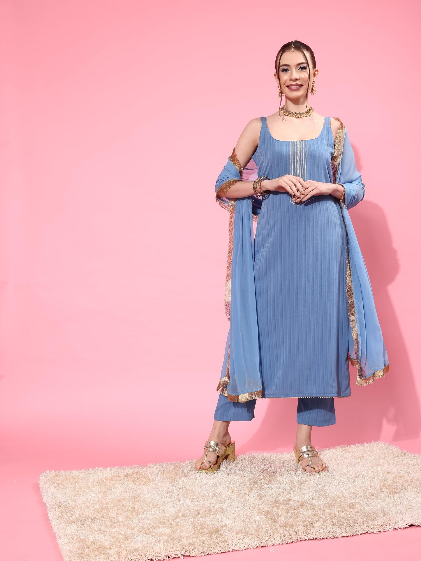 Varanga Women Blue Spaghetti Strap Straight Kurta With Tonal Bottom & Dupatta  Lace & Gotta Detailing On Yoke For A Stylish And