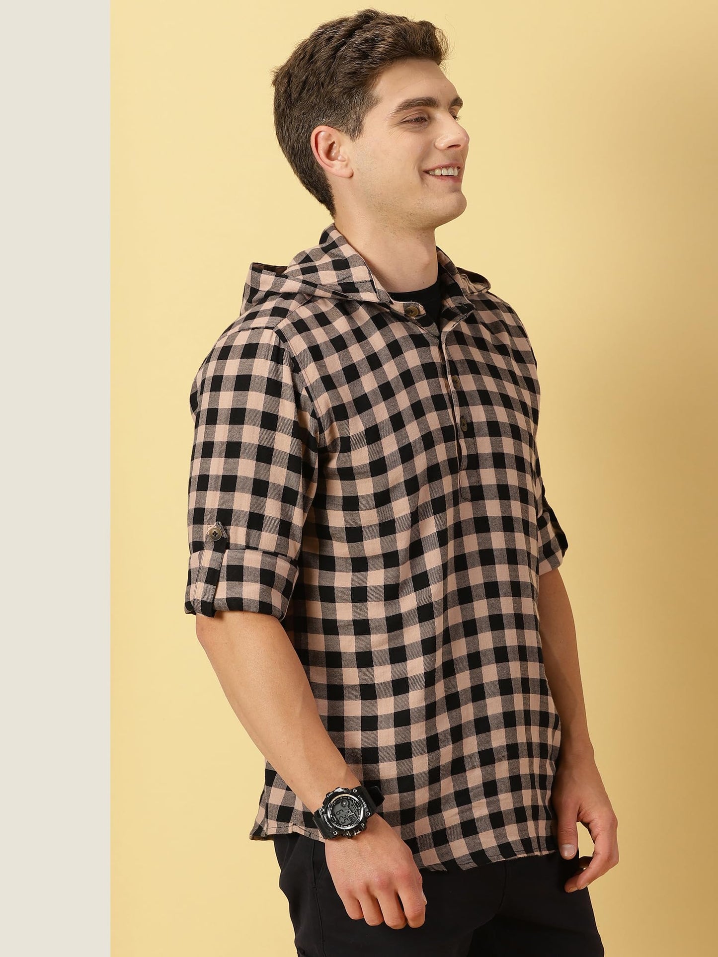 Thomas Scott 100% Cotton Checkred Hodiee Half Placket Shirts for Mens