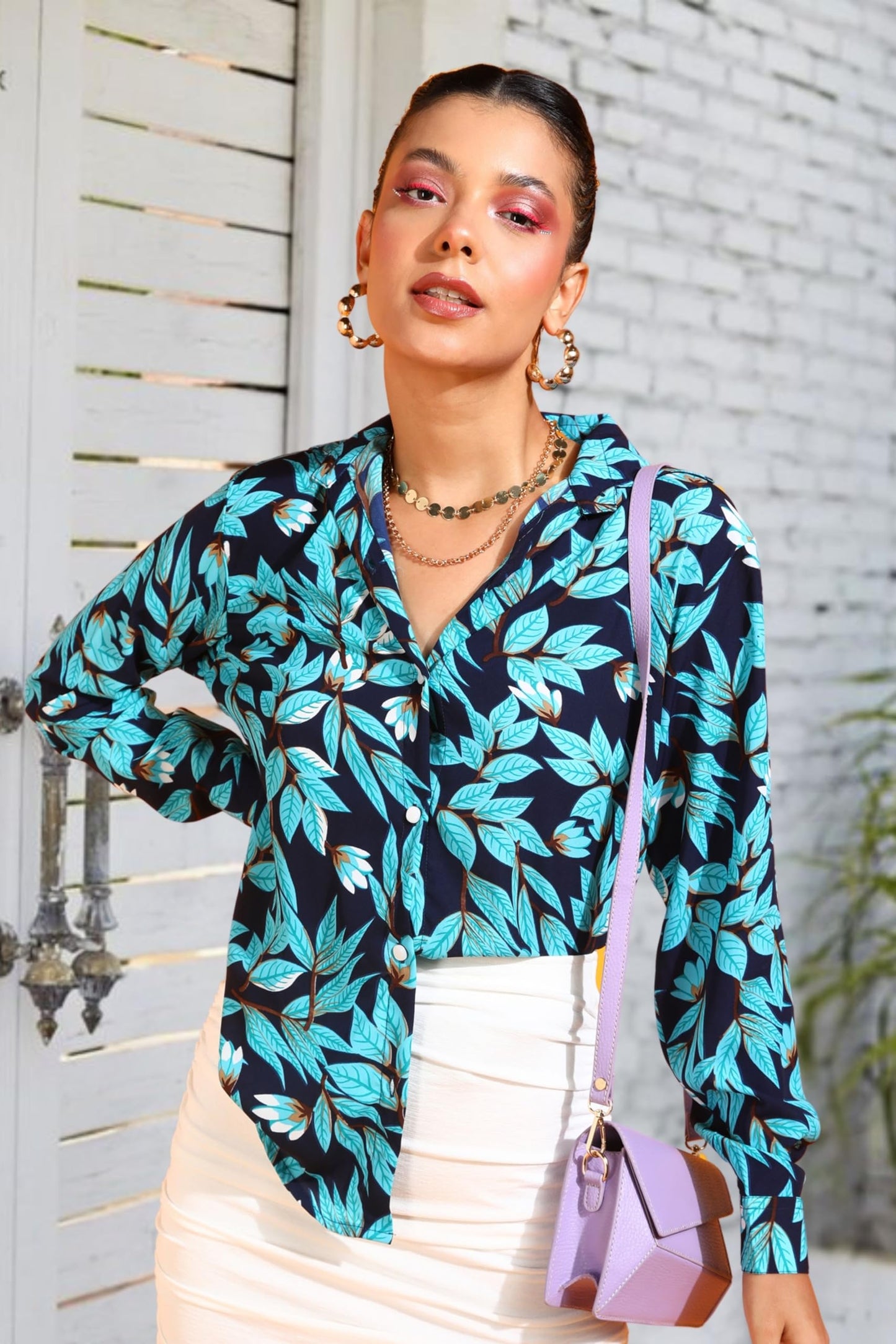POPWINGS Printed Full-Sleeves Regular-Fit Polyester Printed Shirt for Women Stylish Western Casual Wear