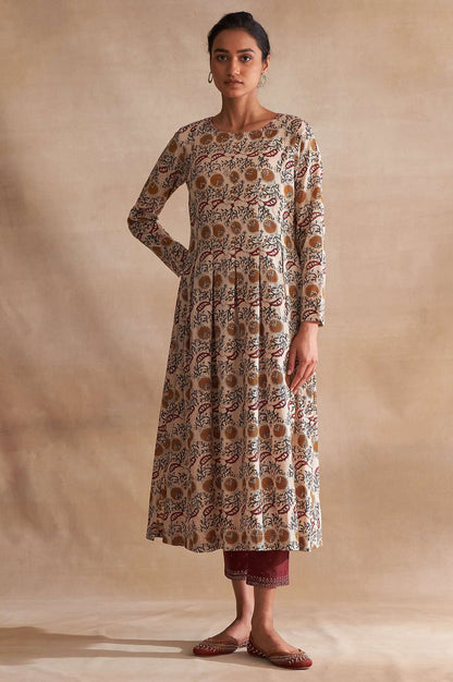 W for Woman Beige Block Print Pleated Longline Kurta
