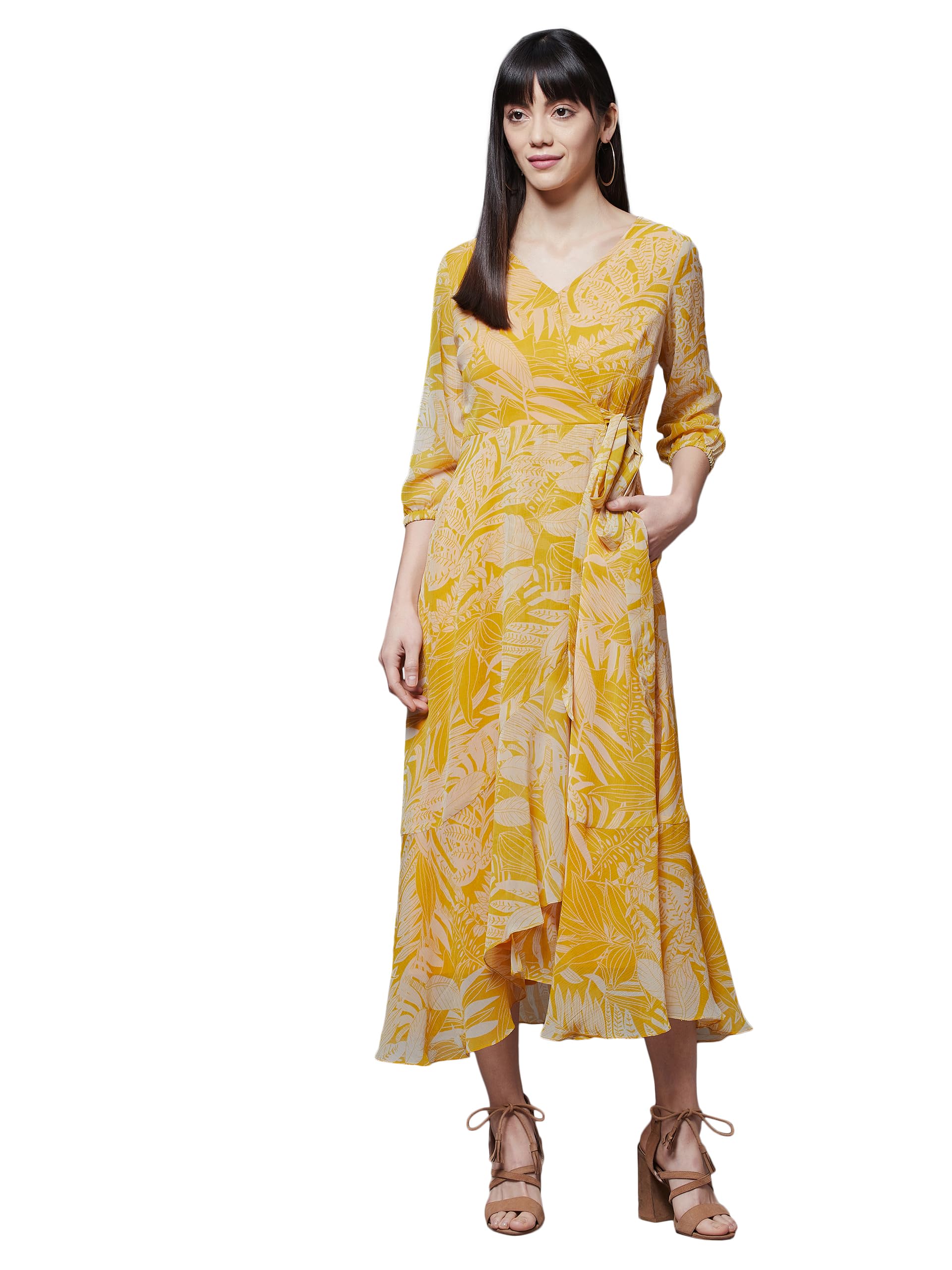 Miss Chase WomenS Yellow & White V Neck Full Sleeve Floral Layered Maxi Dress (Mcaw21D14-94-37-06, Yellow & White, Xl)