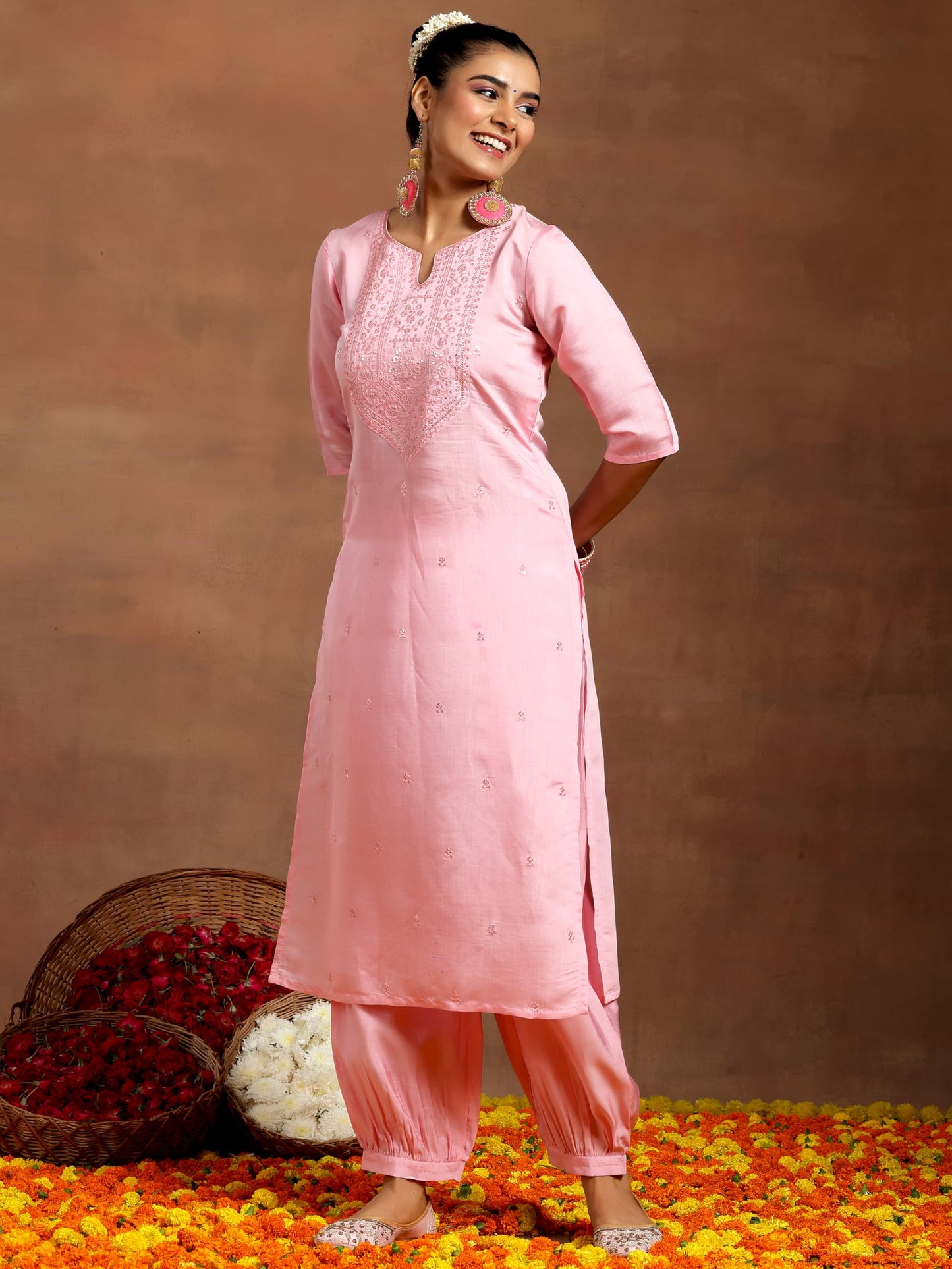 Libas WomenS Silk Blend Embroidered Kurta Set (Gs955_Pink