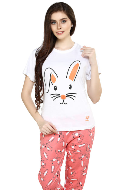 Evolove WomenS Cotton Knitted Round Neck Short Sleeves Night Suit Set/Top Pyjama Set Super Soft Comfortable (White & Peach, Nps