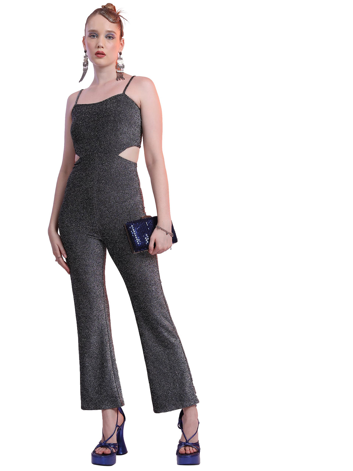 Ketch Polyester Blend Womens Fashion Wear Party Fit Jump Suit Standard Length Dress (Khjs000025_Silver/Black_L)