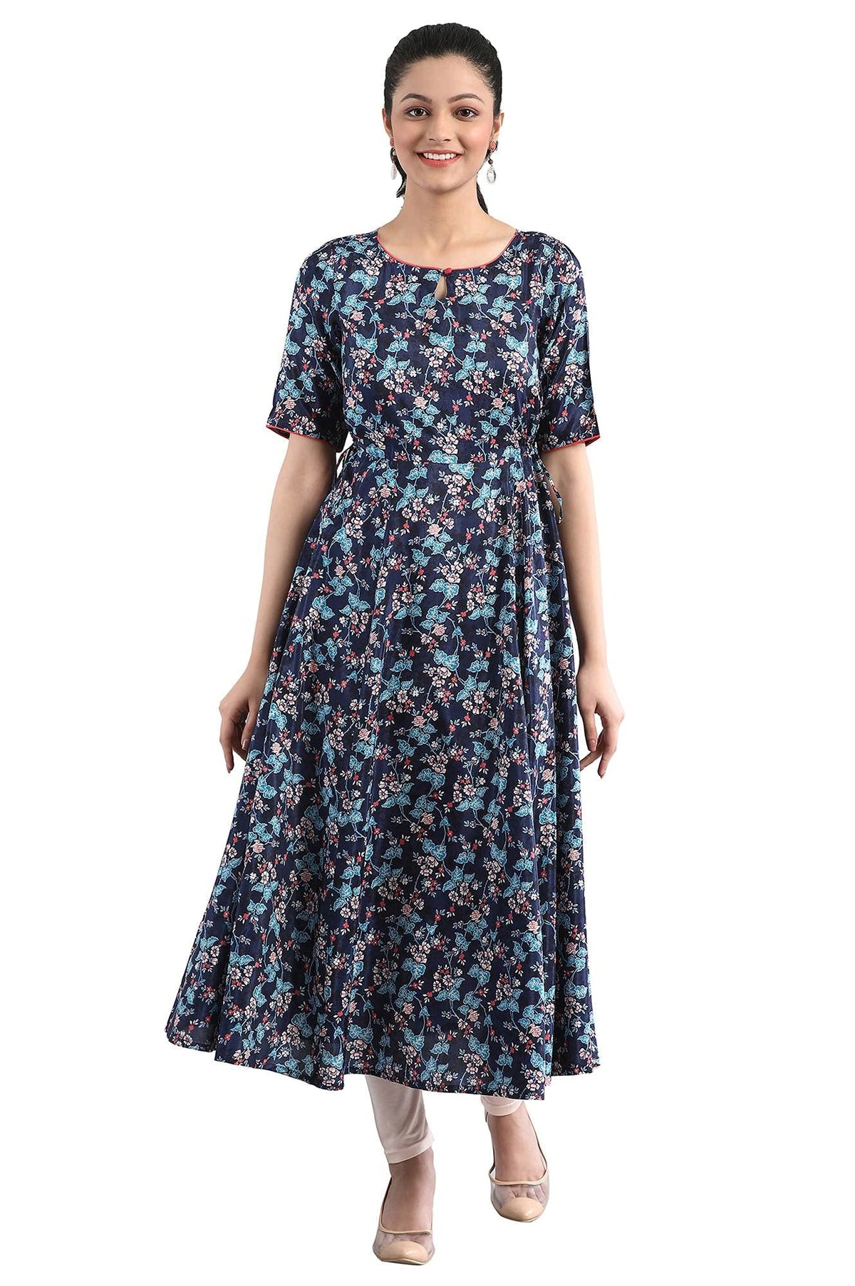 Aurelia Women Polyester Regular Fit Navy Geometric Round Neck Flared Kurta_21Fea12287-503261_M