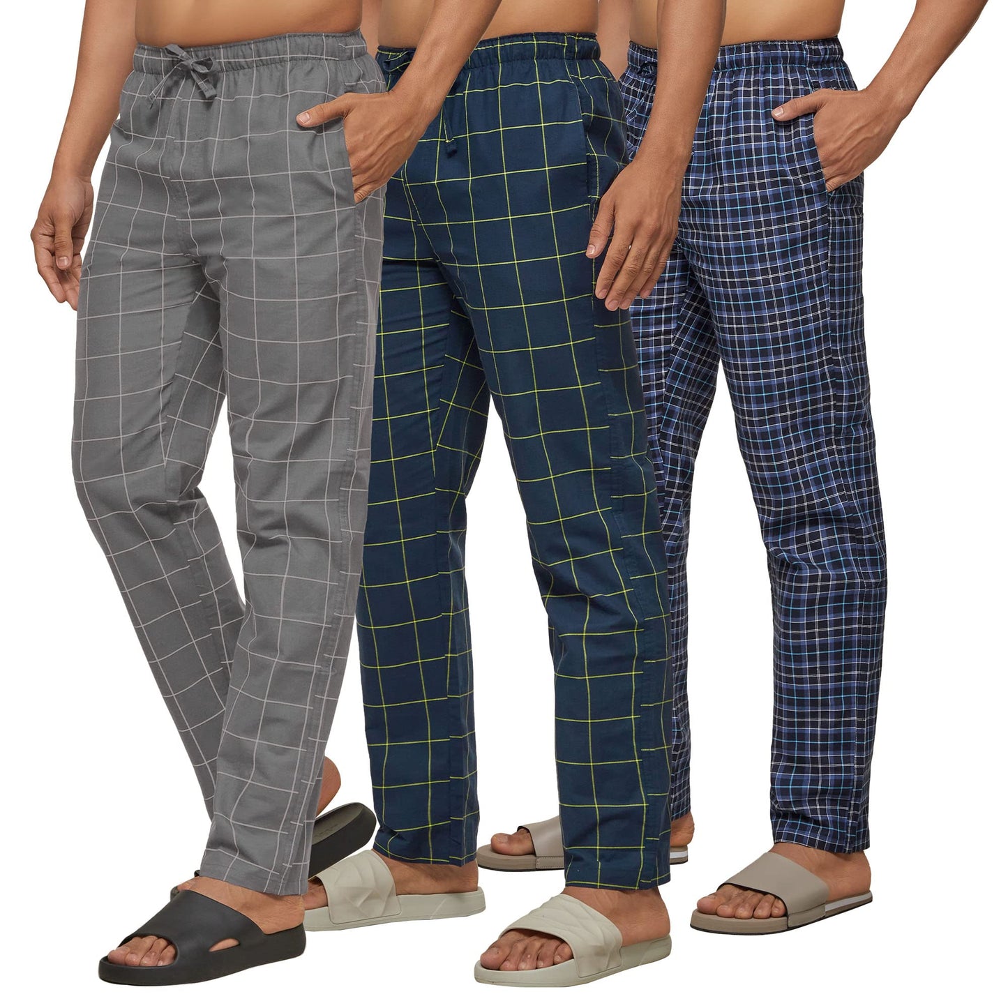 XYXX Mens Super Combed Cotton Checkered Checkmate Pyjamas [Pack of 3] Elasticated Waist, Drawstring | Loungewear for Men in Blu