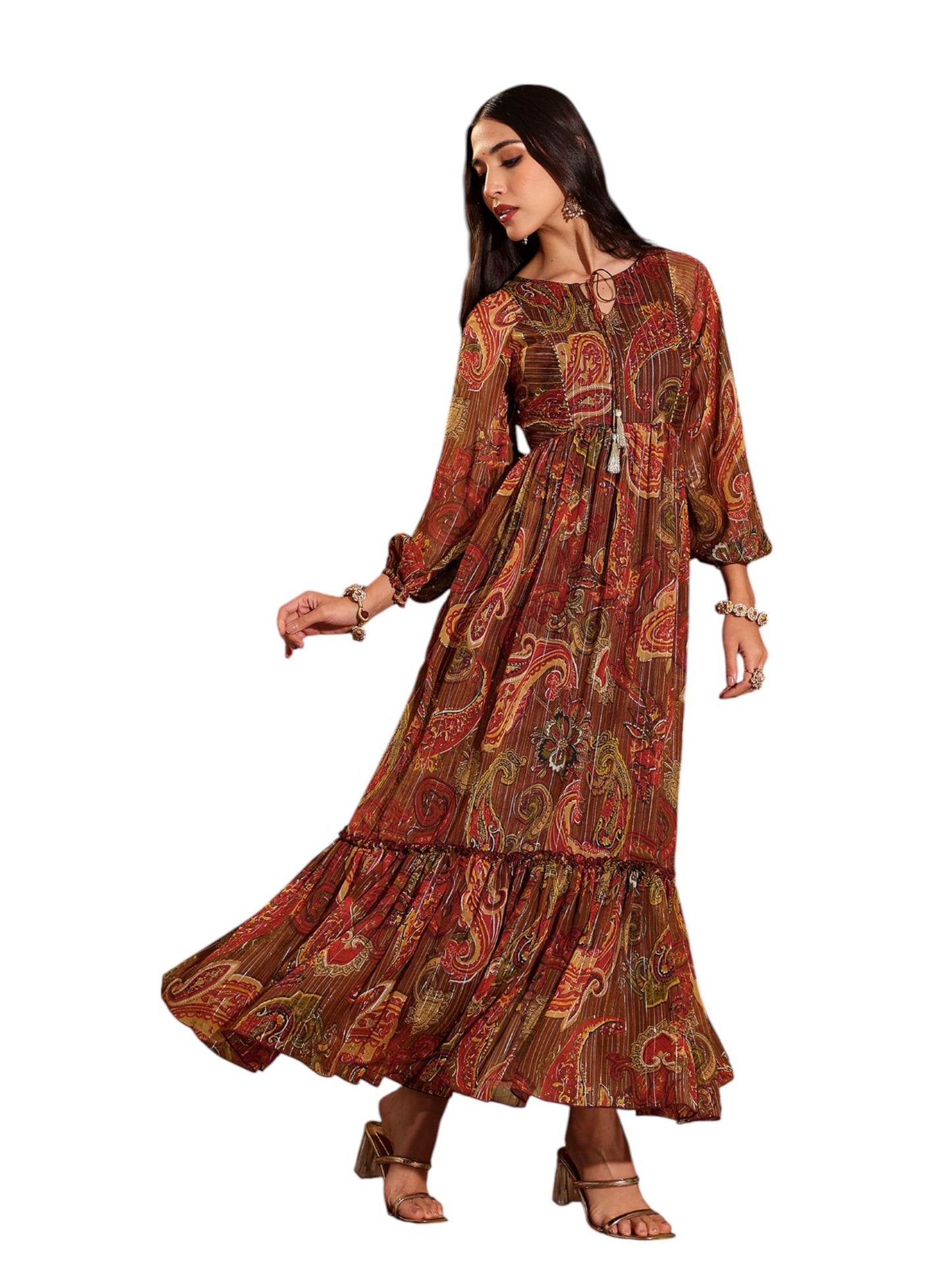 Miss Chase Womens Relaxed Fit Maxi Lurex Dress (MCSS25D92-27-179-06, Multicolored Base Brown, XL)