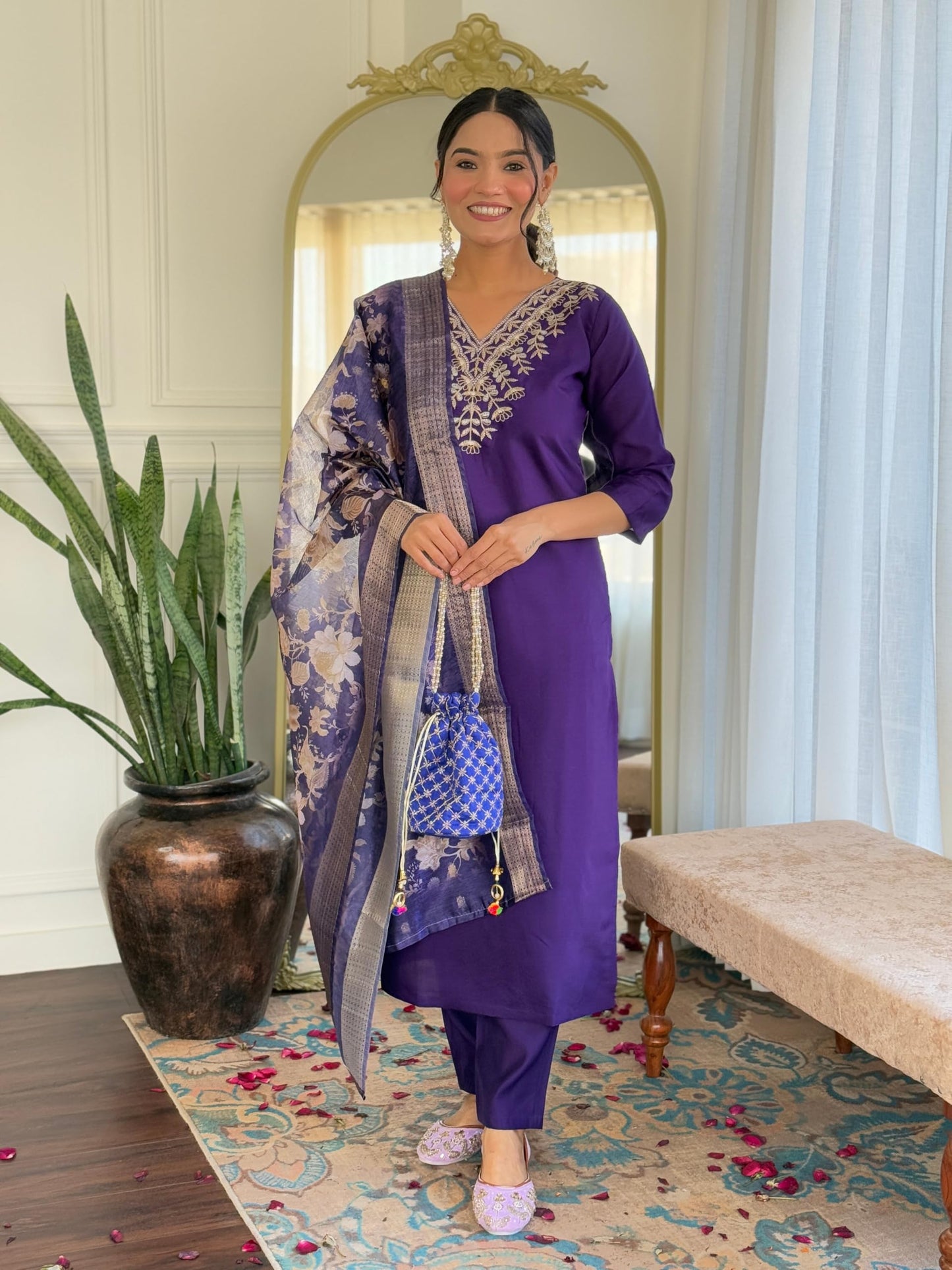 Naixa WomenS Violate Chanderi Embroidered Straight Kurta With Chanderi Pant And Jacquard Printed Dupatta Sets (Nx-Or-K96-Violet