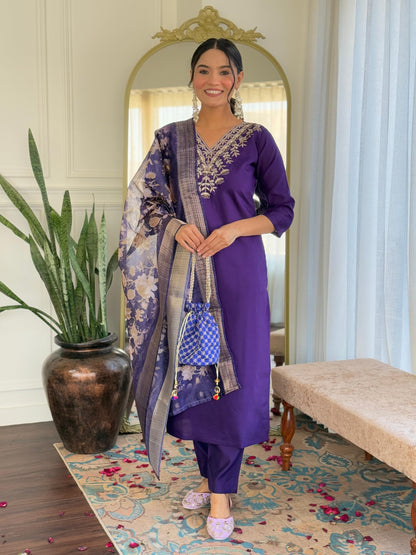 Naixa WomenS Violate Chanderi Embroidered Straight Kurta With Chanderi Pant And Jacquard Printed Dupatta Sets (Nx-Or-K96-Violet
