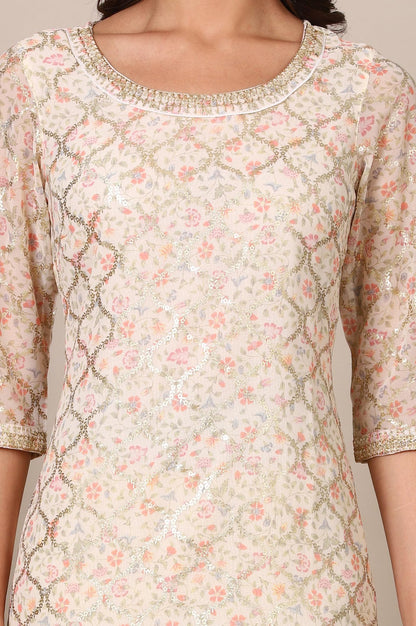 Aurelia Women's Abstract Printed Georgette Regular Kurta With Embellished Neck