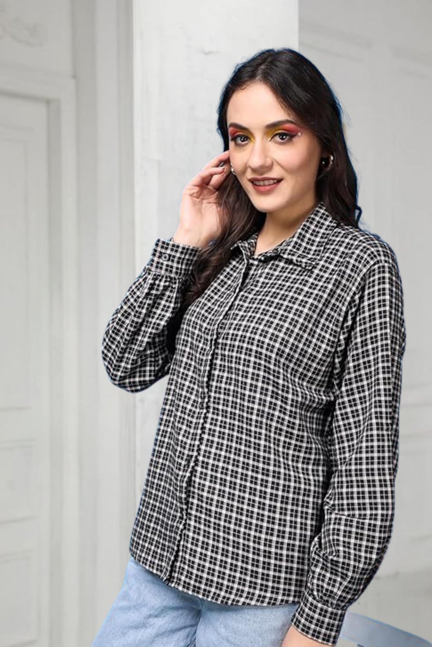 POPWINGS Casual Checks Print Cotton Full-Sleeves Shirt for Women | Stylish Summer Shirt
