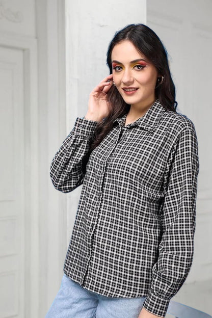 POPWINGS Casual Checks Print Cotton Full-Sleeves Shirt for Women | Stylish Summer Shirt
