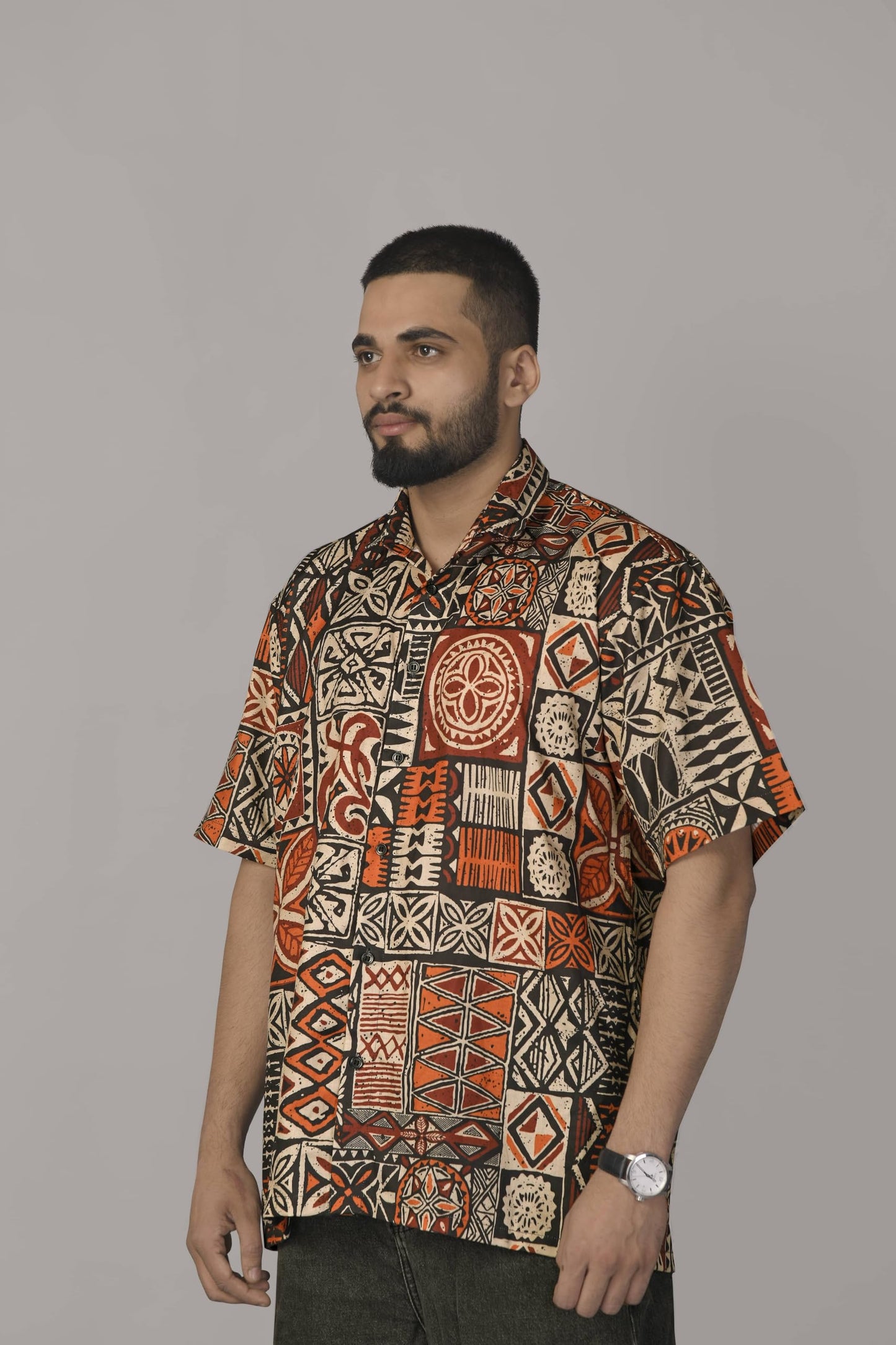 Brown Culture MenS Cotton Blend Geometric Print Shirt With Spread Collared Half Sleeves Standard Length And Button Down Closure