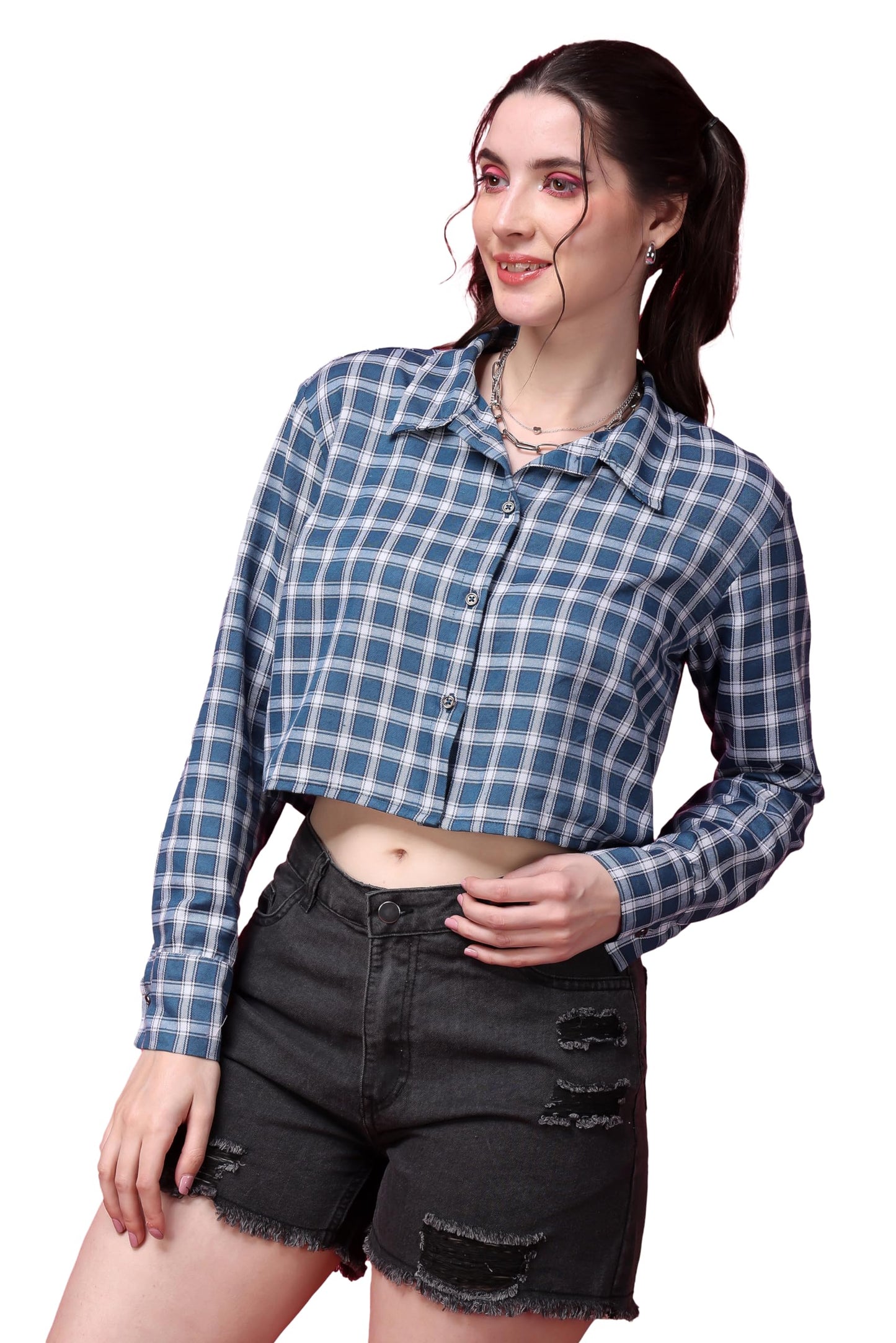 POPWINGS Casual Pure Cotton Checks Crop Shirt for Women | Stylish Western Crop Shirt for Women | Full Sleeves Crop Shirt for Wom