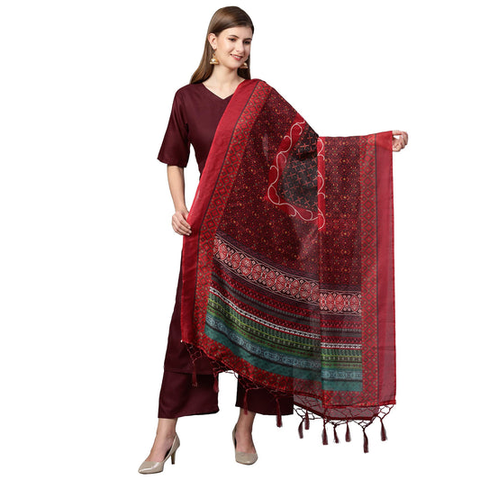 GoSriKi Women's Cotton Anarkali Kurta with Palazzo & Dupatta(KPZD-COT-10051-WINE-GO)