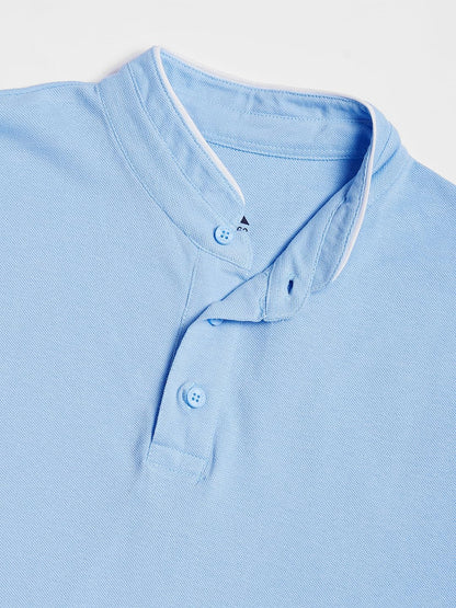Dennis Lingo MenS Cotton Blue Solid Stand Collar T-Shirt