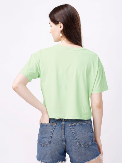ELLITI Soft Rich Cotton Cyan/See Green Half Sleeve | Round Neck | Oversized/Loose Fit | Down Solder | US Flage Print Crop Top fo