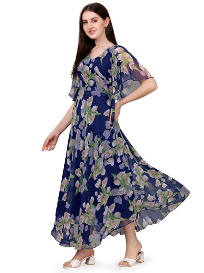 Trillmixa WomenS Georgette Floral Maxi-Length Dress(T_Flower) Blue