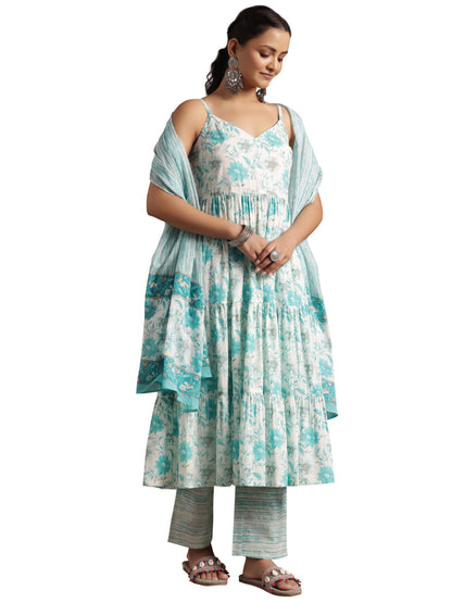 Libas Blue Pure Cotton Printed Kurta Sets For Women