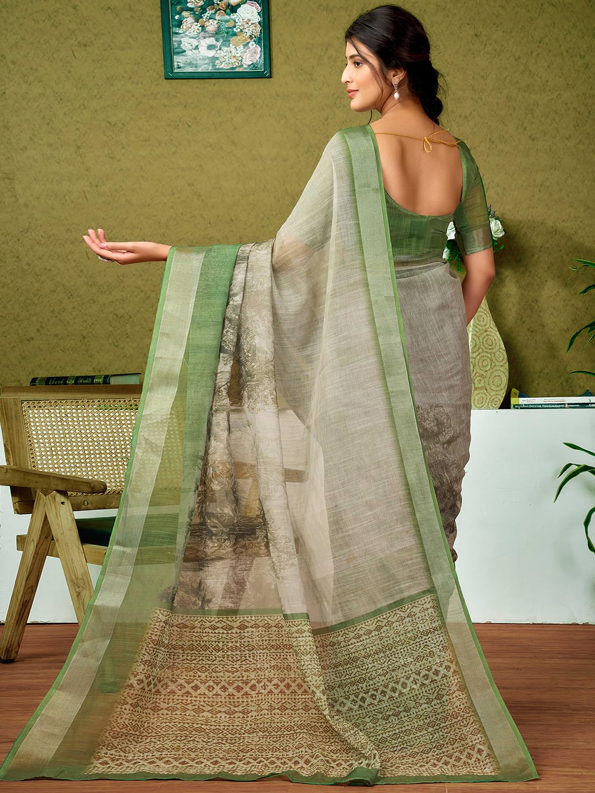Satrani Womens Linen Printed & Zari Border Ready To Wear One Minute Pre Pleated Readymade Saree with Unstitched Blouse Piece (3